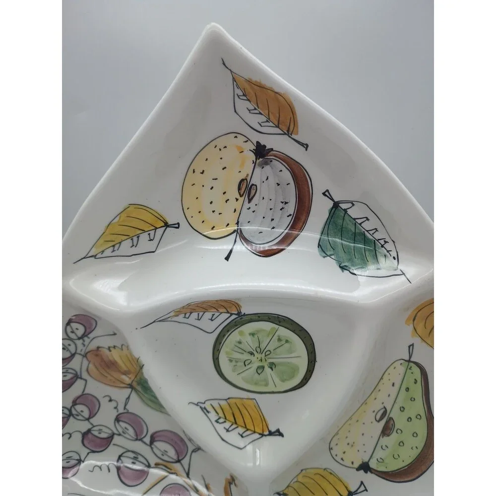 Vtg Hand Painted Italian Divided Serving Dish Platter Tray Fruit Harvest